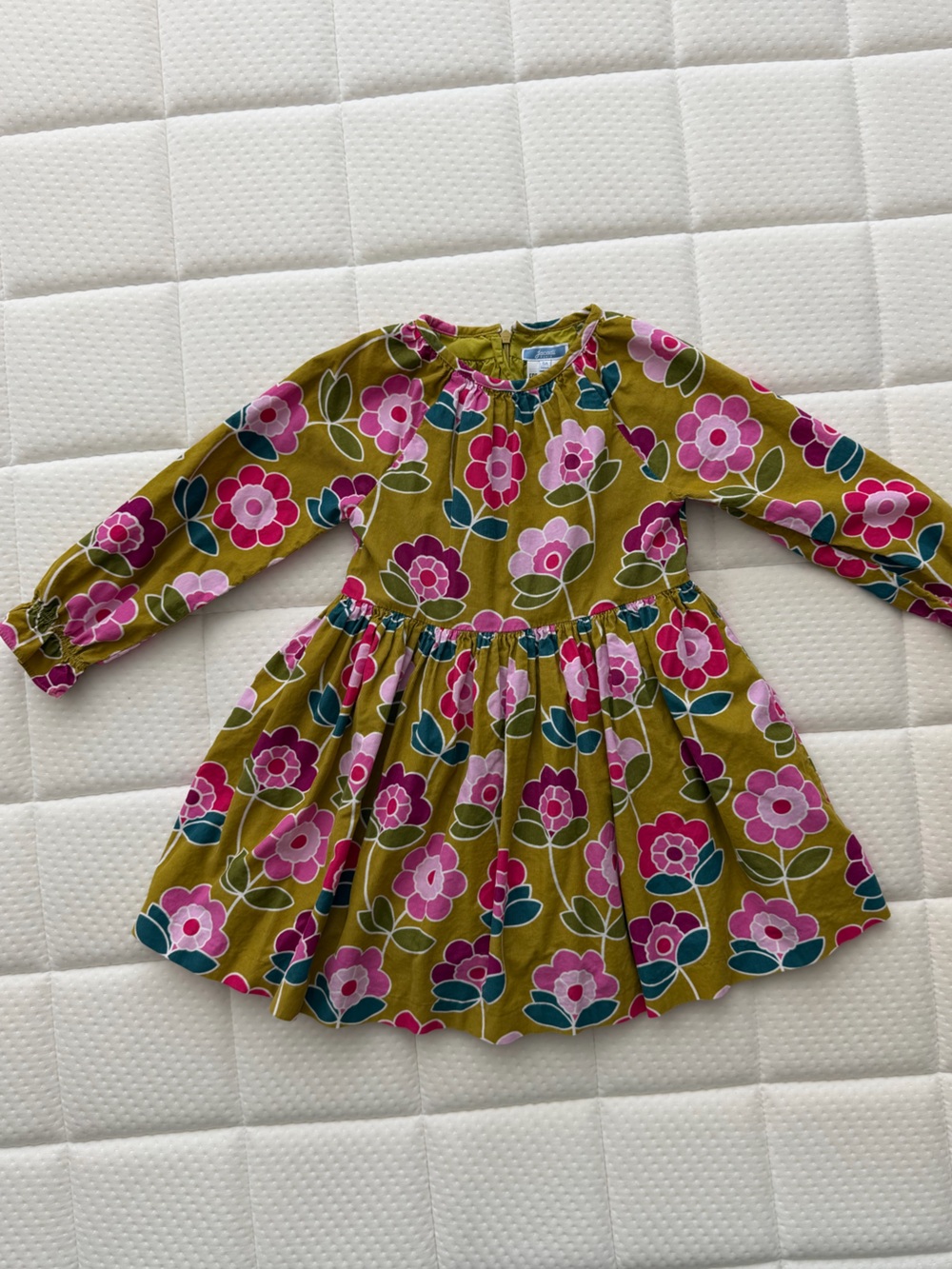 Jacadi Mustard Floral Velvet Dress with Pink & Teal Accents